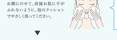 お顔にのせて、直接お肌に手が ふれないように、泡のクッション でやさしく洗ってください。