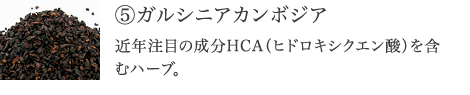 ⑤ガルシニアカンボジア 近年注目の成分HCA（ヒドロキシクエン酸）が、ダイエットをサポート。