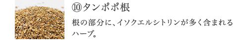 ⑩タンポポ根 根の部分に多く含まれるイソクエルシトリンが、水分のスッキリをサポートするハーブ。