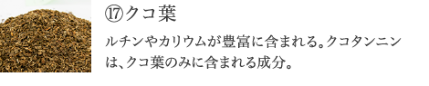 ⑰クコ葉　ルチンやカリウムが豊富。クコ葉のみに含まれるクコタンニンは、美容や健康に大変期待される。