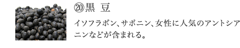 ⑳黒 豆 イソフラボン、サポニン、女性に人気の注目の成分アントシアニンなどのSOD様酵素を含む。